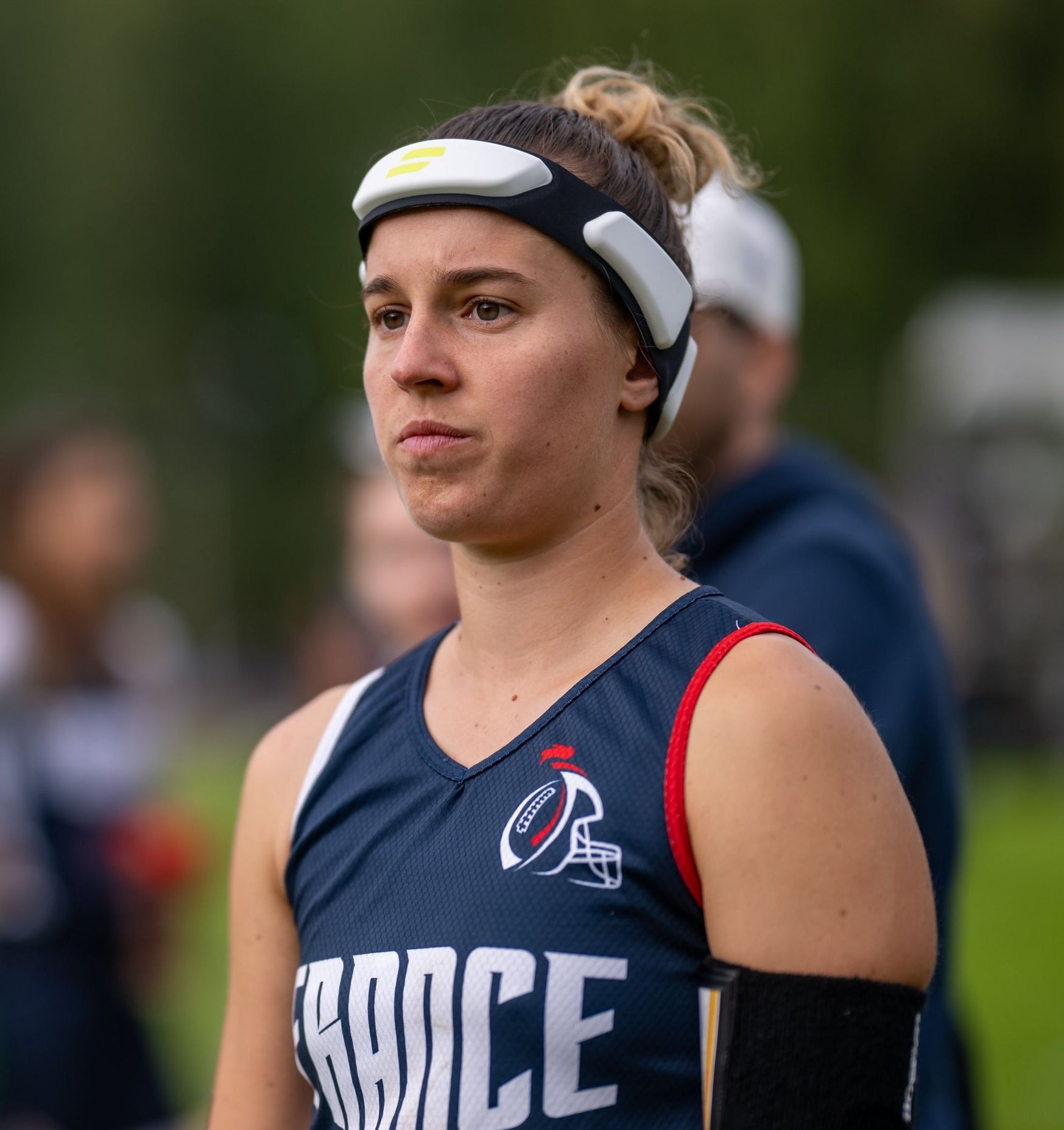 French national team athlete wears flag football protective headband